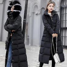 (L,Black)Hooded Down Coat for Women with Large Fur Collar Warm Winter Wear