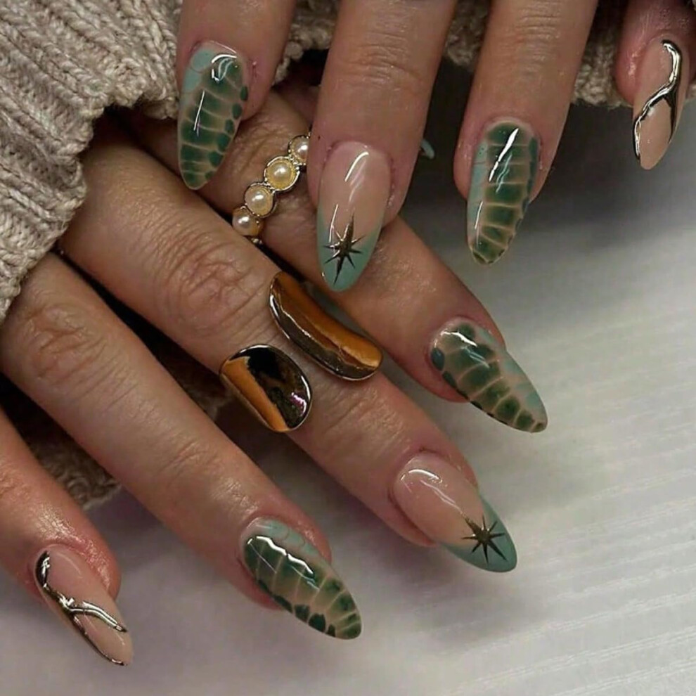 Glossy Almond Press on Nails Medium Short Fake Nails Reusable Glue on Artificial Nails for Women 24Pcs Style 31