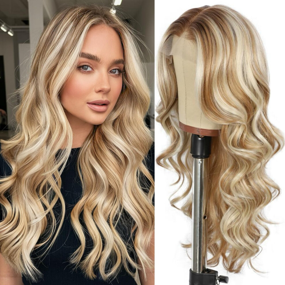 Unisex 13X4 Blonde Lace Front Wig Body Wave Highlight Honey Blonde Synthetic Heat Resistant Hair For Women 20 Inch