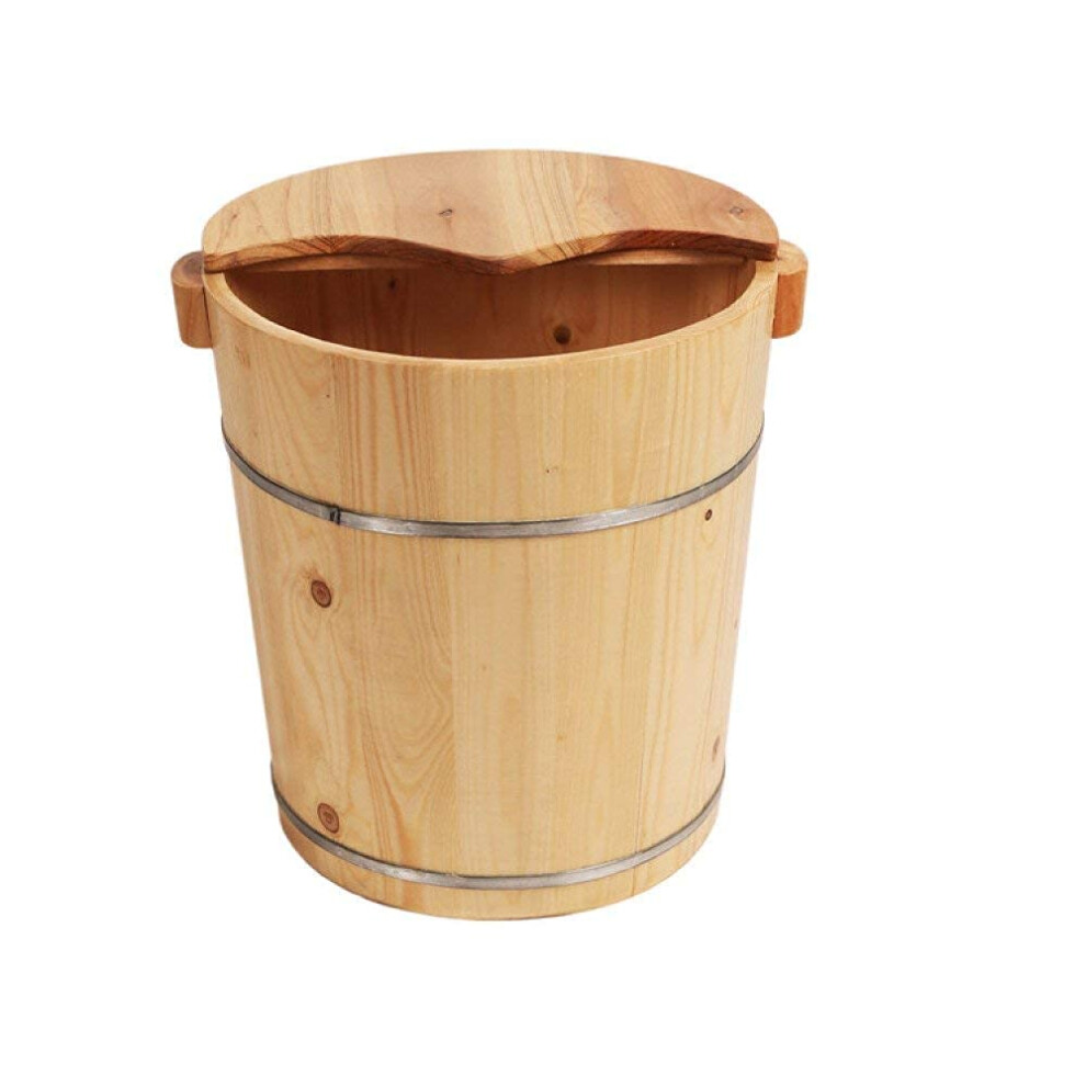 Natural Wooden Foot Bath Barrel with Lid, Solid Wood Pedicure Basin, 40cm Spa Soak Tub
