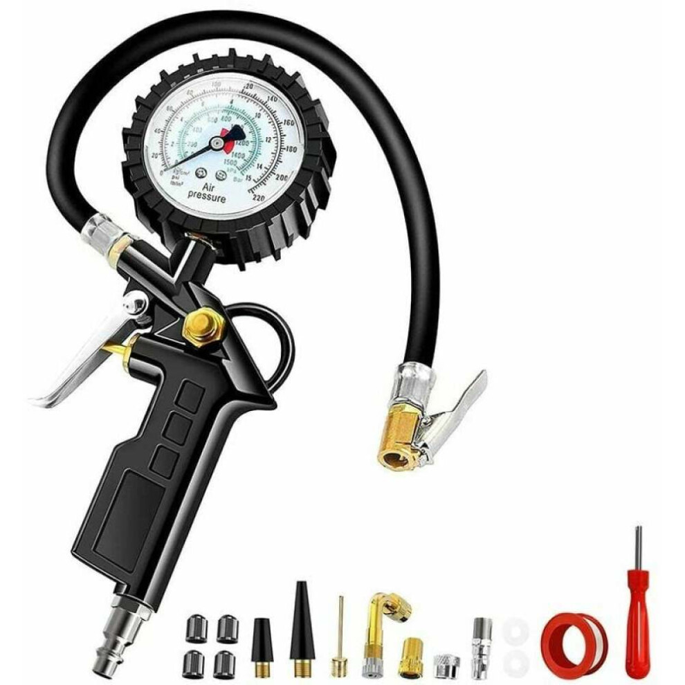 Tire Deflator With Air Pressure Gauge, Rubber Hose Brass Chuck 3 In 1 Function Quick Connect Coupler Heavy Duty Leak Free Tire Inflator Pressure 9009791490947