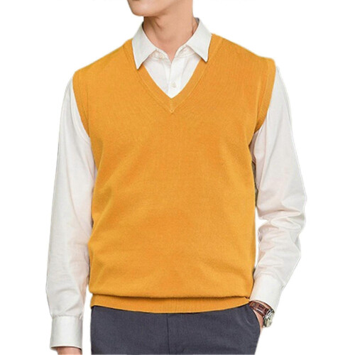 (M, Yellow) Loose Warm Sleeveless Sweater Vest for Men, V-neck Pullover