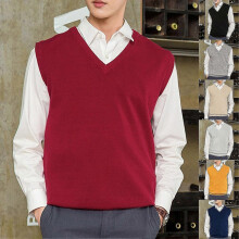 (S, Red) Loose Warm Sleeveless Sweater Vest for Men, V-neck Pullover