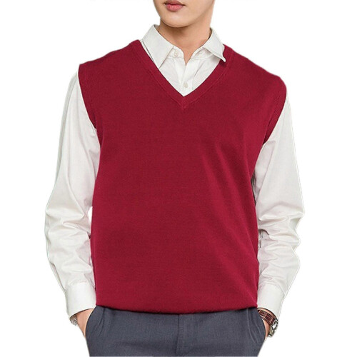 (L,Red)Loose Warm Sleeveless Sweater Vest for Men, V-neck Pullover
