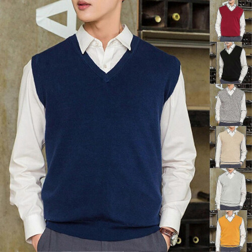 (M, Grey) Loose Warm Sleeveless Sweater Vest for Men, V-neck Pullover 2
