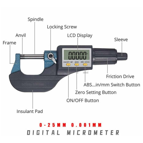 Digital Micrometer for Precision Measuring, Large LCD Display High Accuracy Measuring Tool with Inch Metric Conversion, Durable Construction for 1