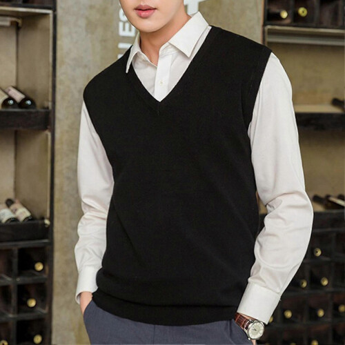 (S,Red)Loose Warm Sleeveless Sweater Vest for Men, V-neck Pullover 2
