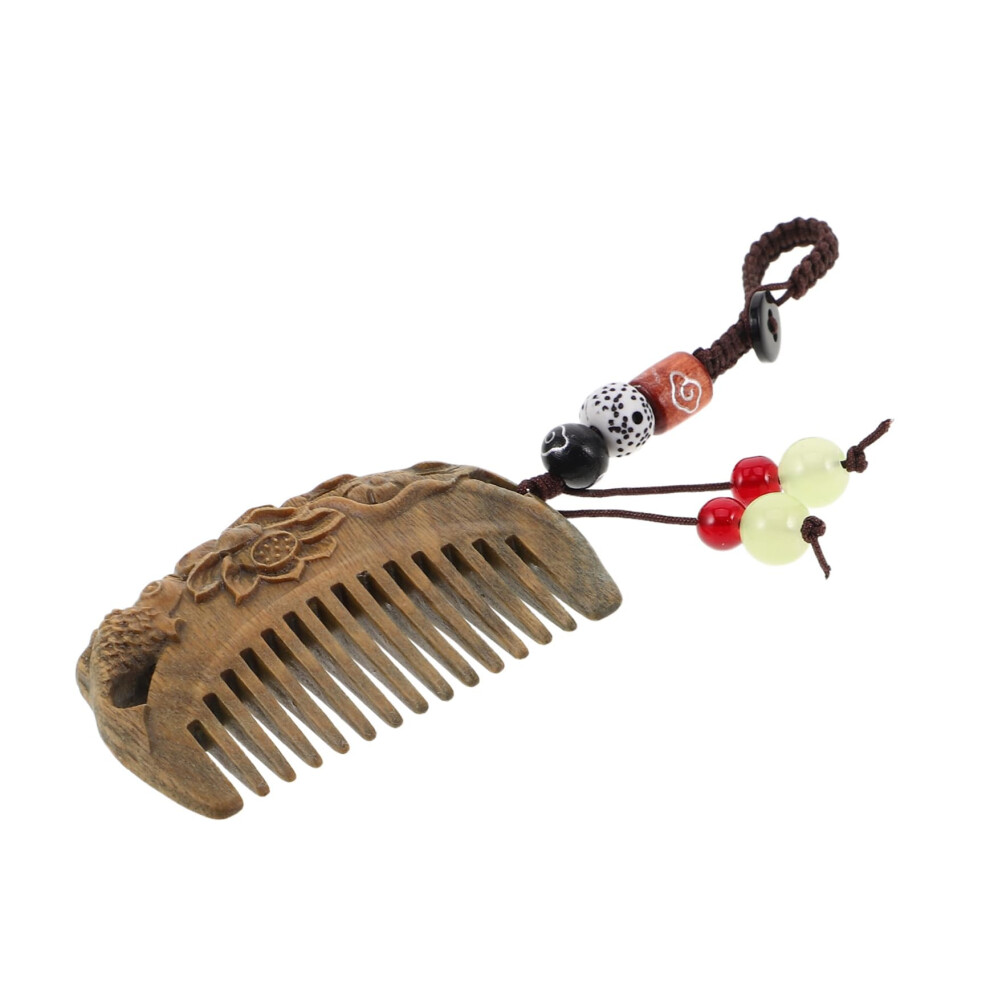Unisex Mini Sandalwood Pocket Comb For Women, Vintage Carved Wooden Hair Comb With Lotus And Fish Design