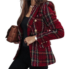 (M,Red)Women Blazer Double-breasted Plaid Print Lapel Long Sleeves Thick Warm Cardigan Formal Business Winter Coat