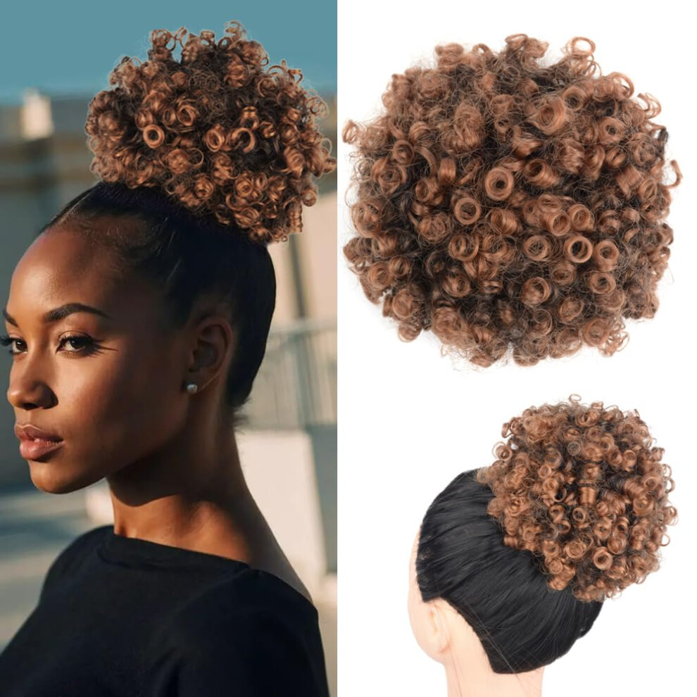 Unisex Black,Brown Afro Puff Drawstring Ponytail Hairpiece For Black Women, Curly Synthetic Bun Black Gradient Brown