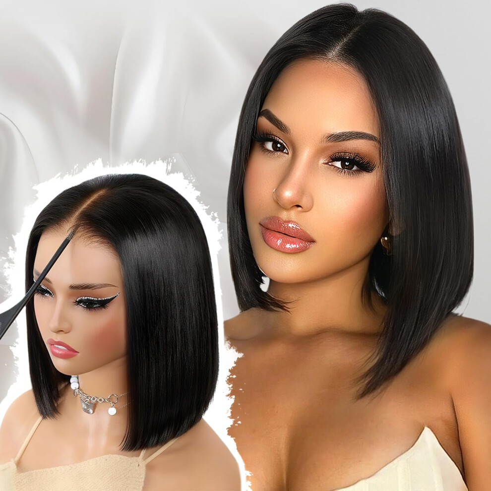 10 Inch Glueless Human Hair Bob Wig Pre Plucked HD Lace Front Short Straight Ready to Wear