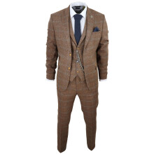 (52,Oak)Men's 3 Piece Suit Wool Tweed Herringbone Check 1920s Gatsby Formal Dress Suits