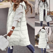 (XL,female,White)2025 Womens Hooded Quilted Zip Up Gilet Waistcoat Padded Winter Vest Long Bodywarmer