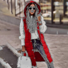 (L,female,Red)2025 Womens Hooded Quilted Zip Up Gilet Waistcoat Padded Winter Vest Long Bodywarmer