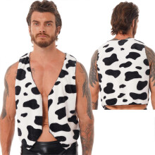 (M,black)Sleeveless Vest Black and White Cow Printed Flannel Waistcoat Tops for Men Cosplay Costume
