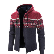 (L,wine)Men's Autumn Winter Zippered Hooded Sweater Cardigans - Thick Patterned Warm Knitwear for Casual Style