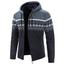 (L,navy blue)Men's Autumn Winter Zippered Hooded Sweater Cardigans - Thick Patterned Warm Knitwear for Casual Style