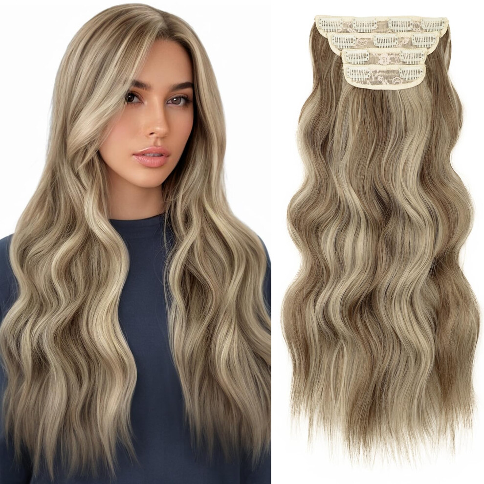 Unisex 20 Inch Ash Blonde Balayage Clip In Synthetic Hair Extensions 4Pcs Double Weft Long Wavy For Women