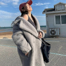 (LIGHT GRAY LONG,L)Wool Cashmere Fuzzy Teddy Coat Oversized Women Fur-effect Winter Shearling Jacket Long
