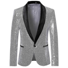 (M,Silver)Mens Casual Sequin Blazer Suit Jacket for Wedding Celebration