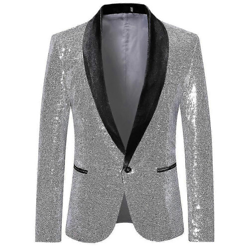 (M,Silver)Mens Casual Sequin Blazer Suit Jacket for Wedding Celebration