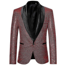 (L,Wine Red)Mens Casual Sequin Blazer Suit Jacket for Wedding Celebration
