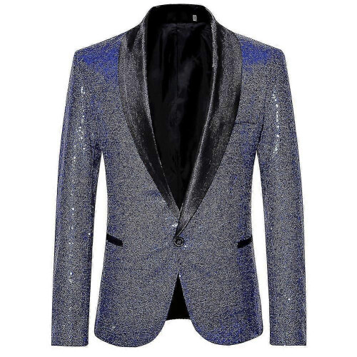 (L,Blue)Mens Casual Sequin Blazer Suit Jacket for Wedding Celebration