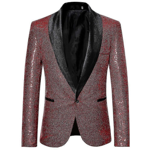 (M,Wine Red)Mens Casual Sequin Blazer Suit Jacket for Wedding Celebration
