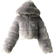(Small,Gray)Faux Fur Coat Women With Hood Cropped Bubble Coats Fleece Short Warm Jackets Plus Size Winter Coats For Women(kui)