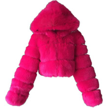 (Large,Hot Pink)Faux Fur Coat Women With Hood Cropped Bubble Coats Fleece Short Warm Jackets Plus Size Winter Coats For Women(kui)