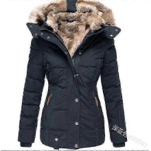 (4XL,blue)Women's winter warm fur collar zipper slim long sleeve hooded jacket