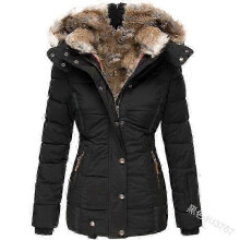 (S,black)Women's winter warm fur collar zipper slim long sleeve hooded jacket