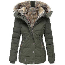 (S,army green)Women's winter warm fur collar zipper slim long sleeve hooded jacket