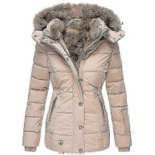 (XXL,light apricot)Women's winter warm fur collar zipper slim long sleeve hooded jacket