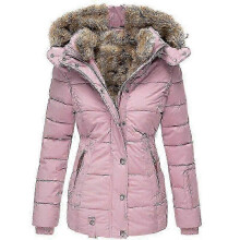 (S,pink)Women's winter warm fur collar zipper slim long sleeve hooded jacket