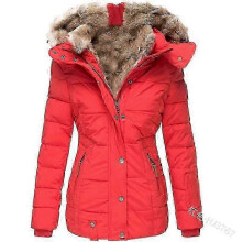 (XXL,red)Women's winter warm fur collar zipper slim long sleeve hooded jacket