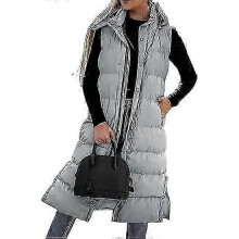(L,female,Grey)2025 Women's long Quilted Vest hooded sleeveless Button Down puff vest