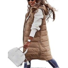 (L,female,Khaki)2025 Women's long Quilted Vest hooded sleeveless Button Down puff vest