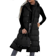 (L,female,Black)2025 Women's long Quilted Vest hooded sleeveless Button Down puff vest