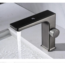 (Gun grey) Digital Display Bathroom Basin Faucet Intelligent Led Brass Deck Mounted Washbasin Crane Hot Cold Water Mixer Sink Vanity Tap