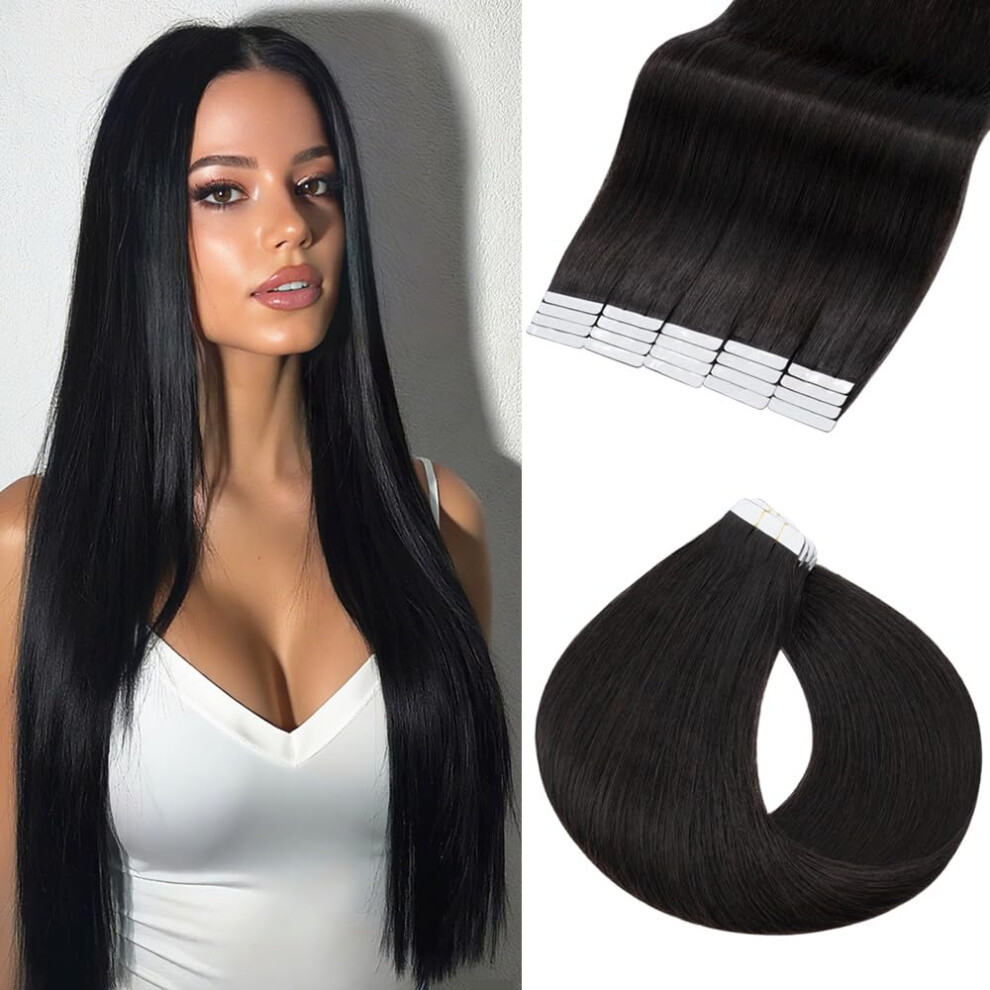 Unisex Black Tape In Hair Extensions 100G Remy Human Hair 16 Inch Natural Seamless Balayage Skin Weft