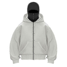 (S,gray)Y2K Gothic Harajuku Double Hat Hoodie with Ninja Mask, Loose Winter Windproof Sportswear