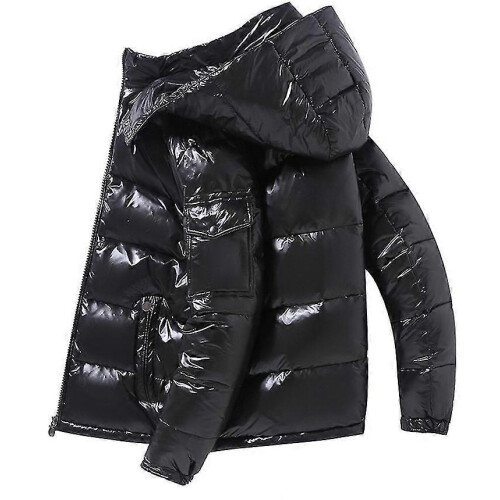 (M,Black)Shiny Down Jacket Men's Winter Jacket Stand Collar Down Jacket With Hood