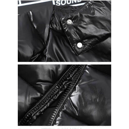 (M,Black)Shiny Down Jacket Men's Winter Jacket Stand Collar Down Jacket With Hood 1