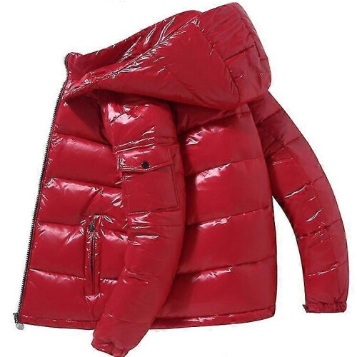 (S,Red)Shiny Down Jacket Men's Winter Jacket Stand Collar Down Jacket With Hood