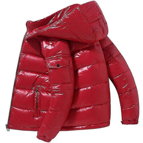 (XL,Red)Shiny Down Jacket Men's Winter Jacket Stand Collar Down Jacket With Hood