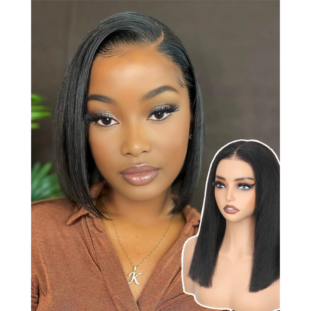 Unisex 10 Inch Glueless Human Hair Wig Yaki Straight Bob Hd Lace Front Pre Plucked Natural Hairline