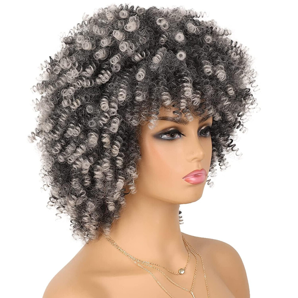 12 Inch Grey Afro Wig with Bangs 200% Density, Bouncy Curly Style for Women, Beginner Friendly