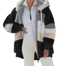 (4XL,Black)Women Colourblock Long Sleeve Hooded Teddy Bear Fleece Jacket Winter Warm Coat