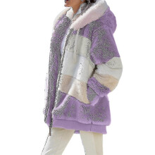 (S,Purple)Women Colourblock Long Sleeve Hooded Teddy Bear Fleece Jacket Winter Warm Coat